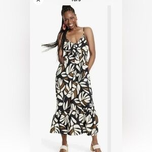 Tabitha Black and Cream Leaf Midi Dress